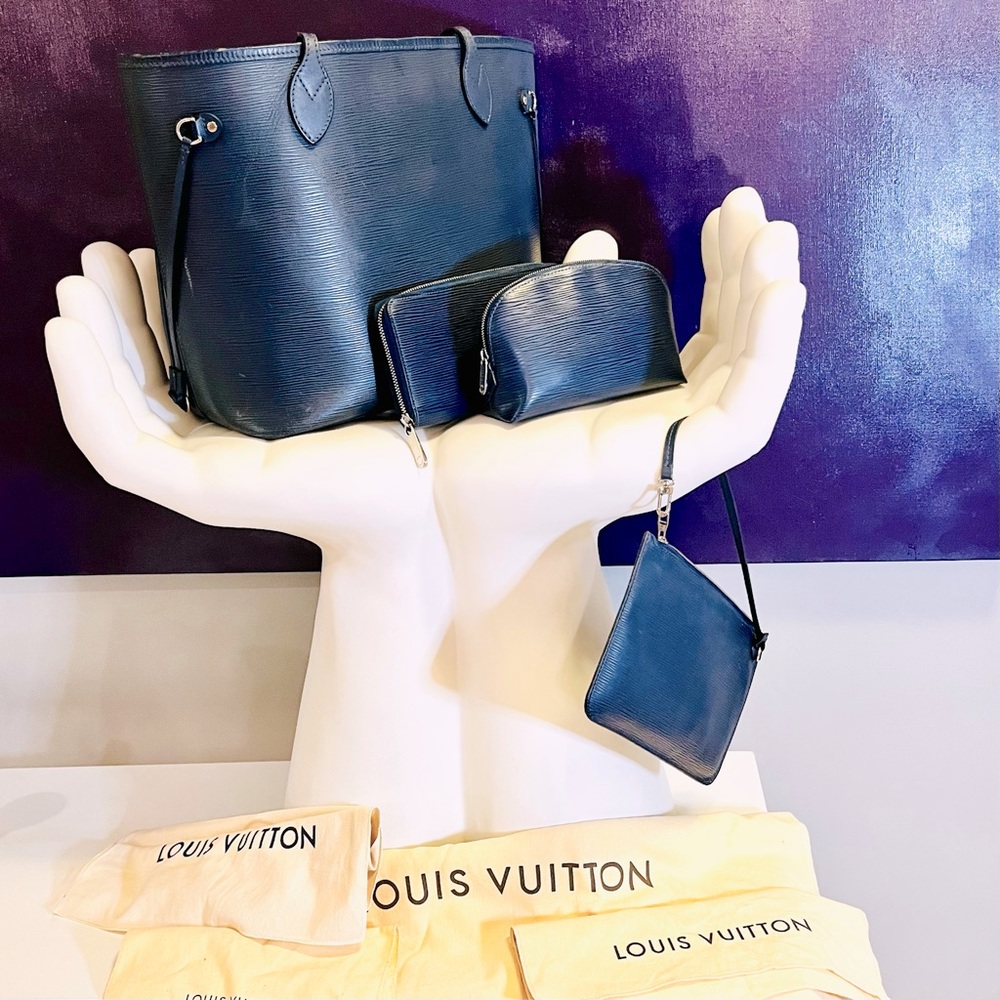 Louis Vuitton Epi Sapphire Set: Neverfull bag, clutch, makeup bag, & wallet